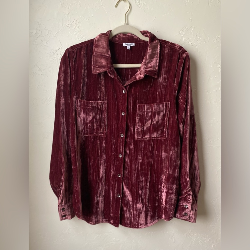Splendid Velvet Button-Down Shirt - Deep Red